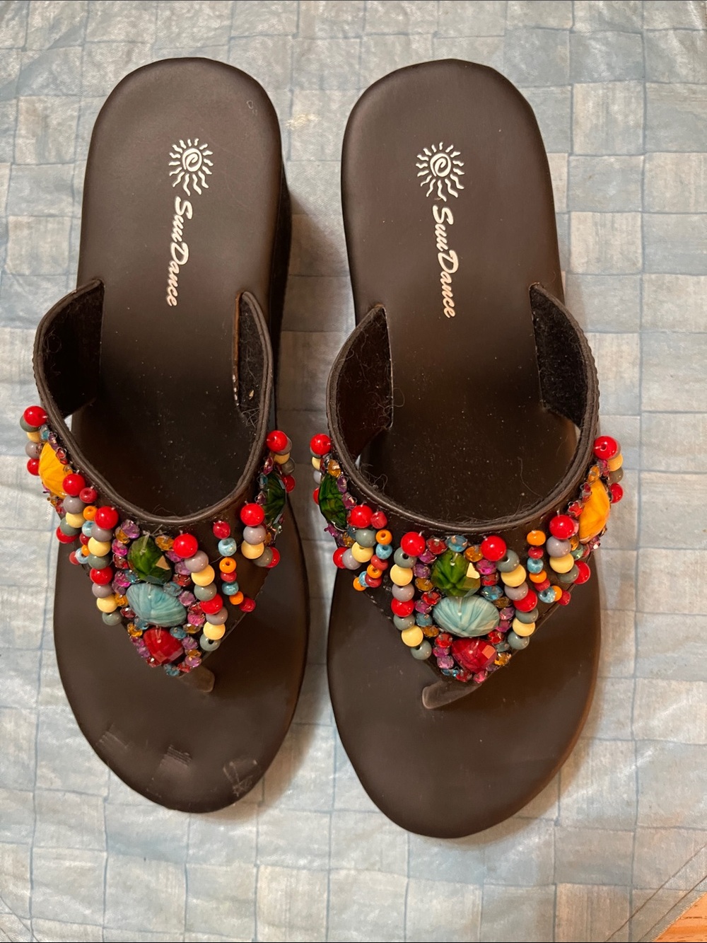 Sundance Brown Thong Sandals with Multicolor Beaded Embellishments